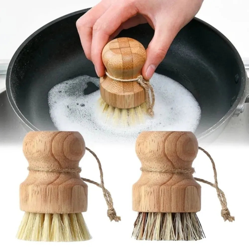 Bamboo Dish Scrub Brush Multifunctional Natural Sisal Bristles Wet Cleaning Scrubber Tools for Washing Iron Pan Pot Vegetables