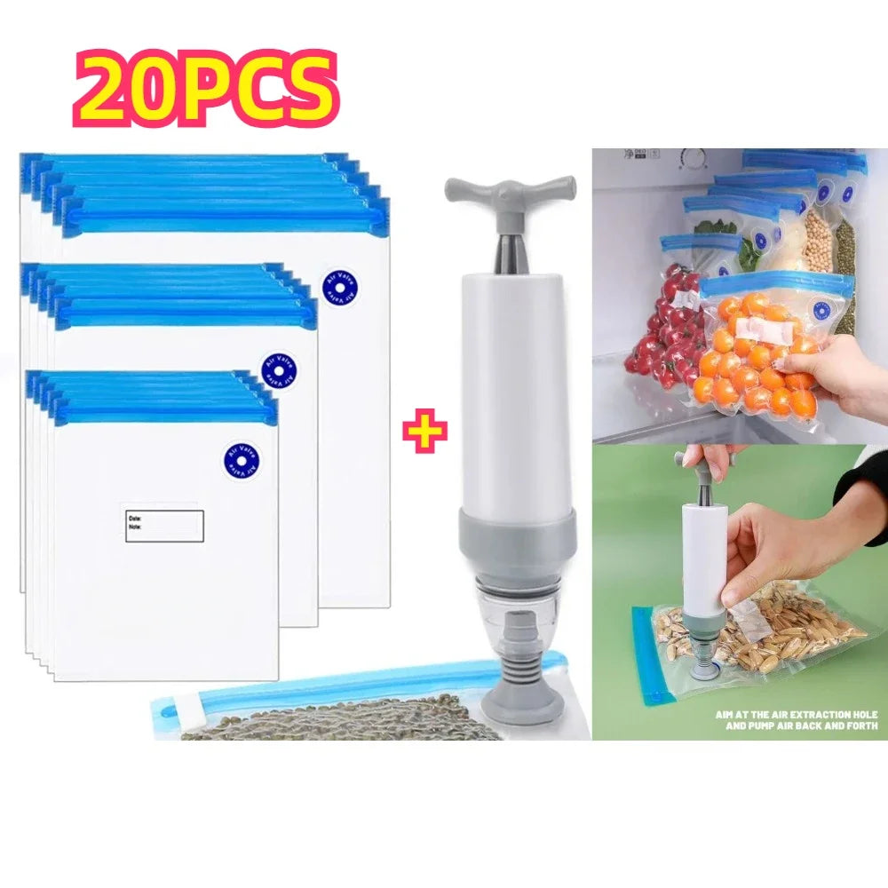 Reusable Vacuum Sealing Food Bags, Household Food Air Valve Pump Sealing Bags, Vegetables Meat Snack Sealer Fresh-Keeping Bag