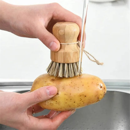 Bamboo Dish Scrub Brush Multifunctional Natural Sisal Bristles Wet Cleaning Scrubber Tools for Washing Iron Pan Pot Vegetables